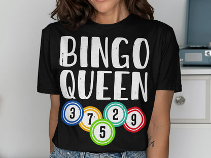 Black t-shirt with "BINGO QUEEN" and colorful bingo balls.