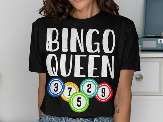 Black t-shirt with "BINGO QUEEN" and colorful bingo balls.