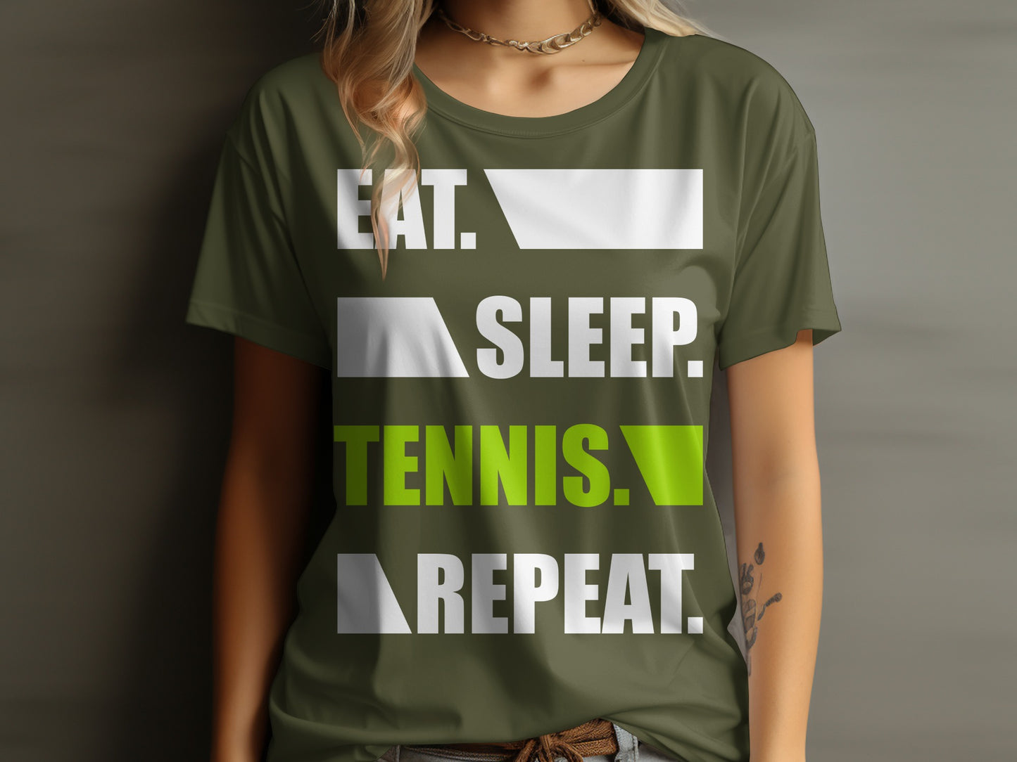 Green t-shirt with "Eat. Sleep. Tennis. Repeat." text in white and green.