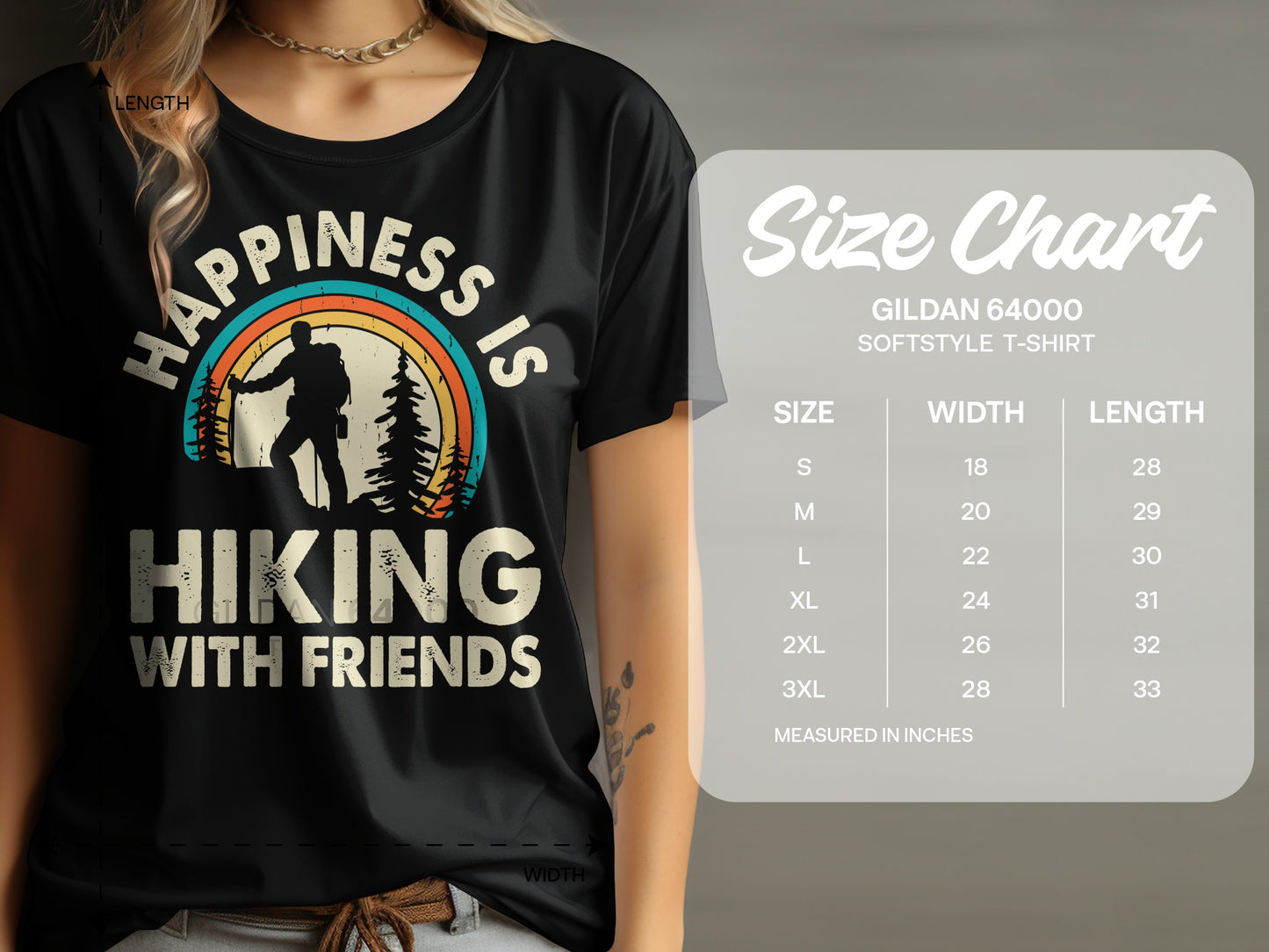 T-shirt with "Happiness is Hiking with Friends" graphic and size chart.