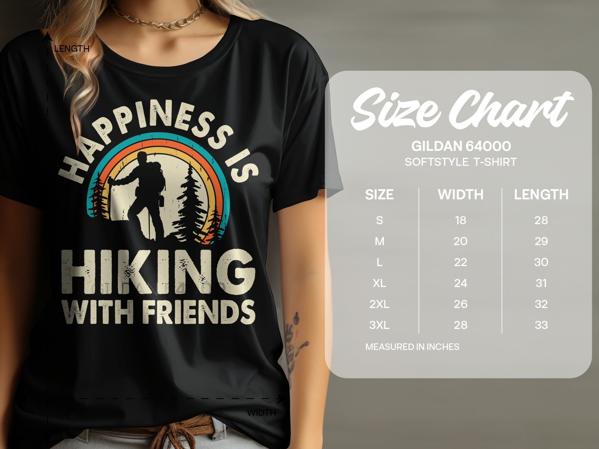 T-shirt with "Happiness is Hiking with Friends" graphic and size chart.