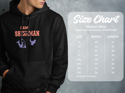 Hooded sweatshirt with "I AM SHIMAN" graphic and size chart.