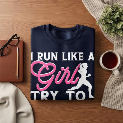 Navy sweatshirt with white and pink text and graphic saying "I RUN LIKE A Girl TRY TO".