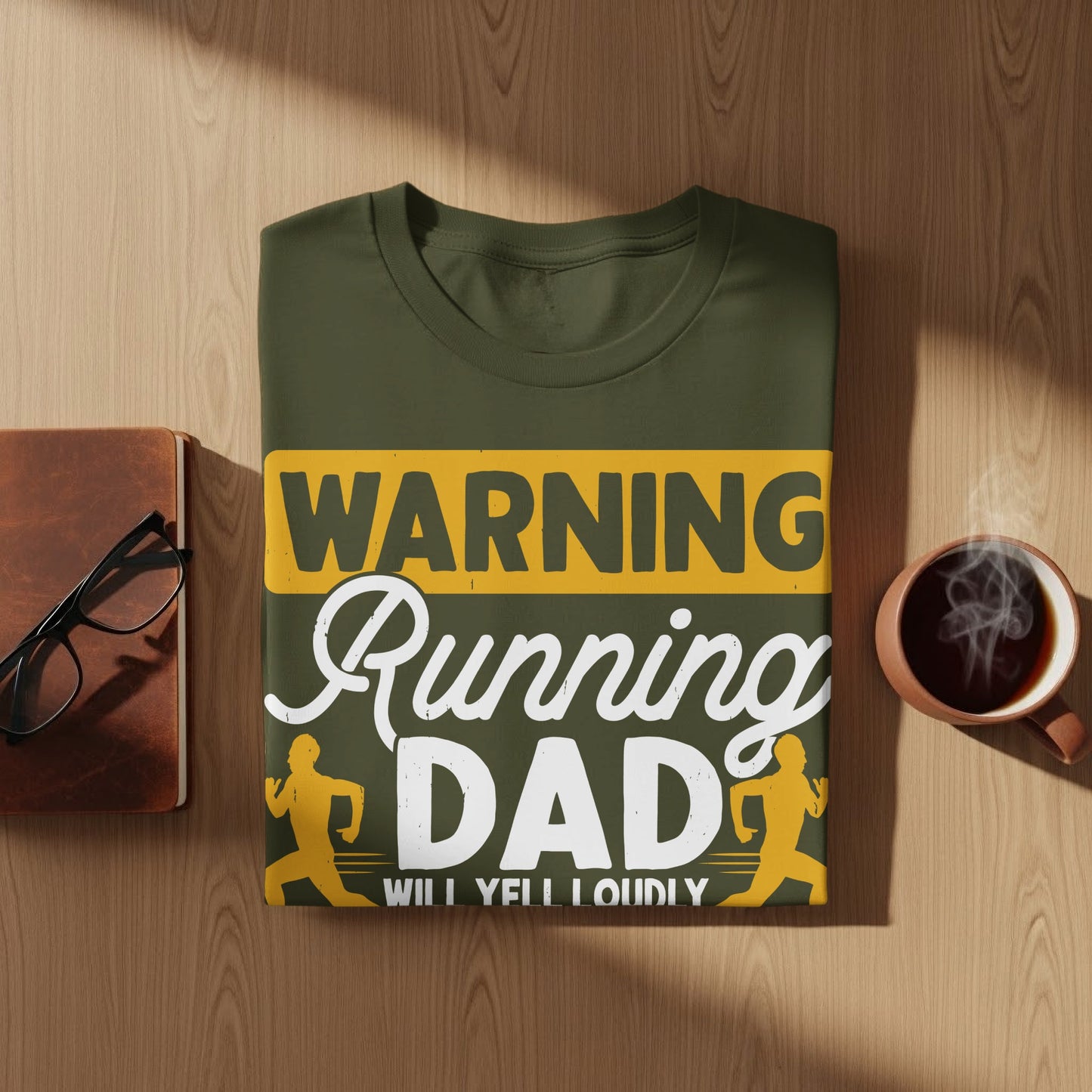 Dark green t-shirt with "WARNING Running DAD WILL YELL LOUDLY" text and runners graphic.