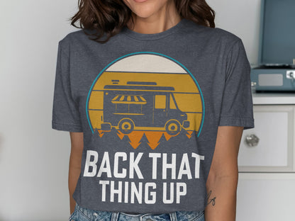 Dark grey t-shirt with a food truck graphic and "BACK THAT THING UP" text.