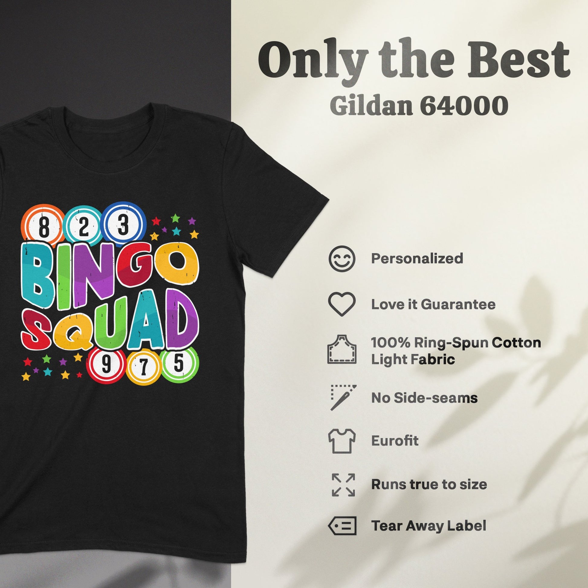 Black t-shirt with colorful "BINGO SQUAD" text and numbers.