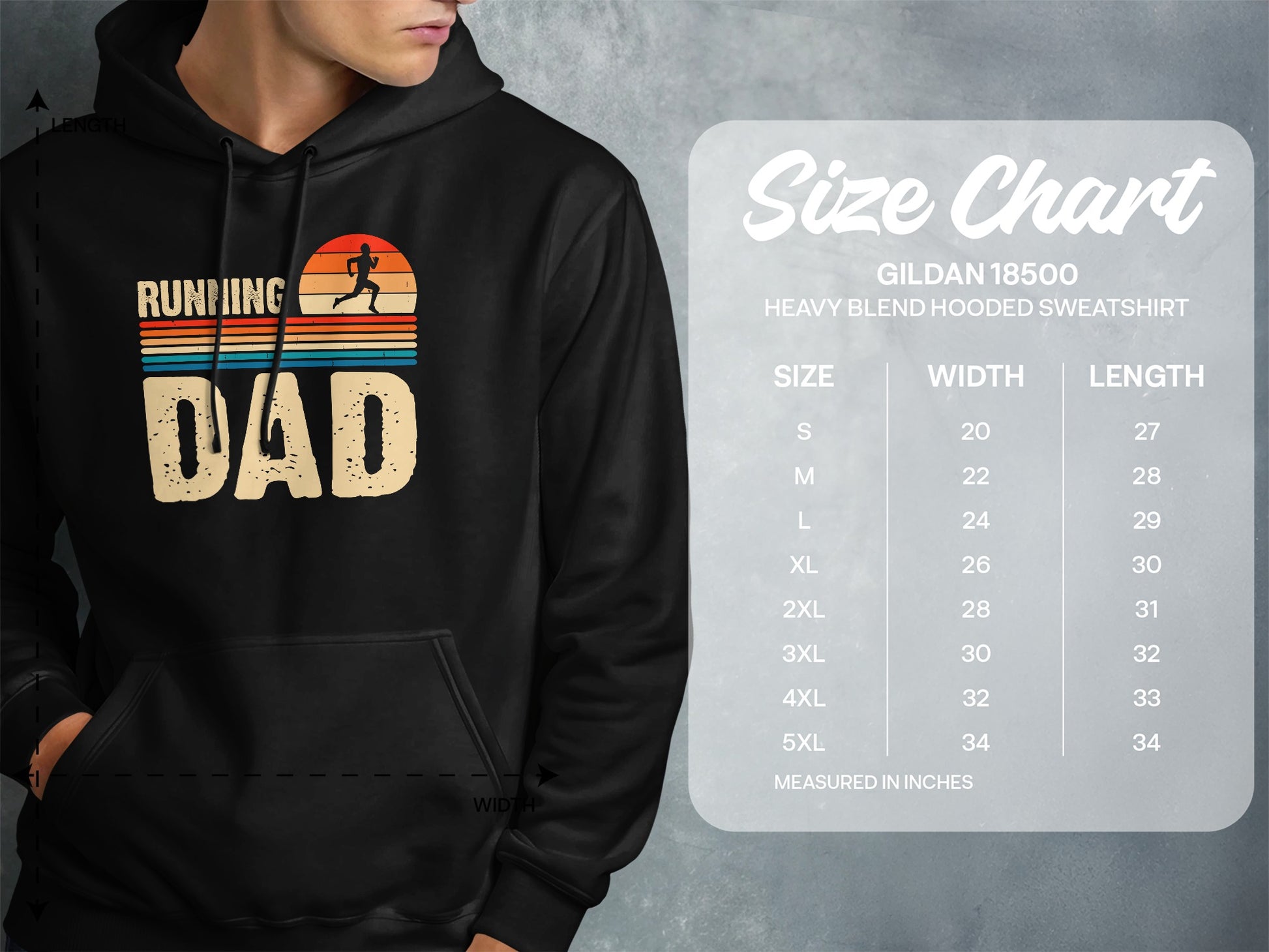 Hoodie size chart for Gildan 18500 sweatshirt, showing width and length.