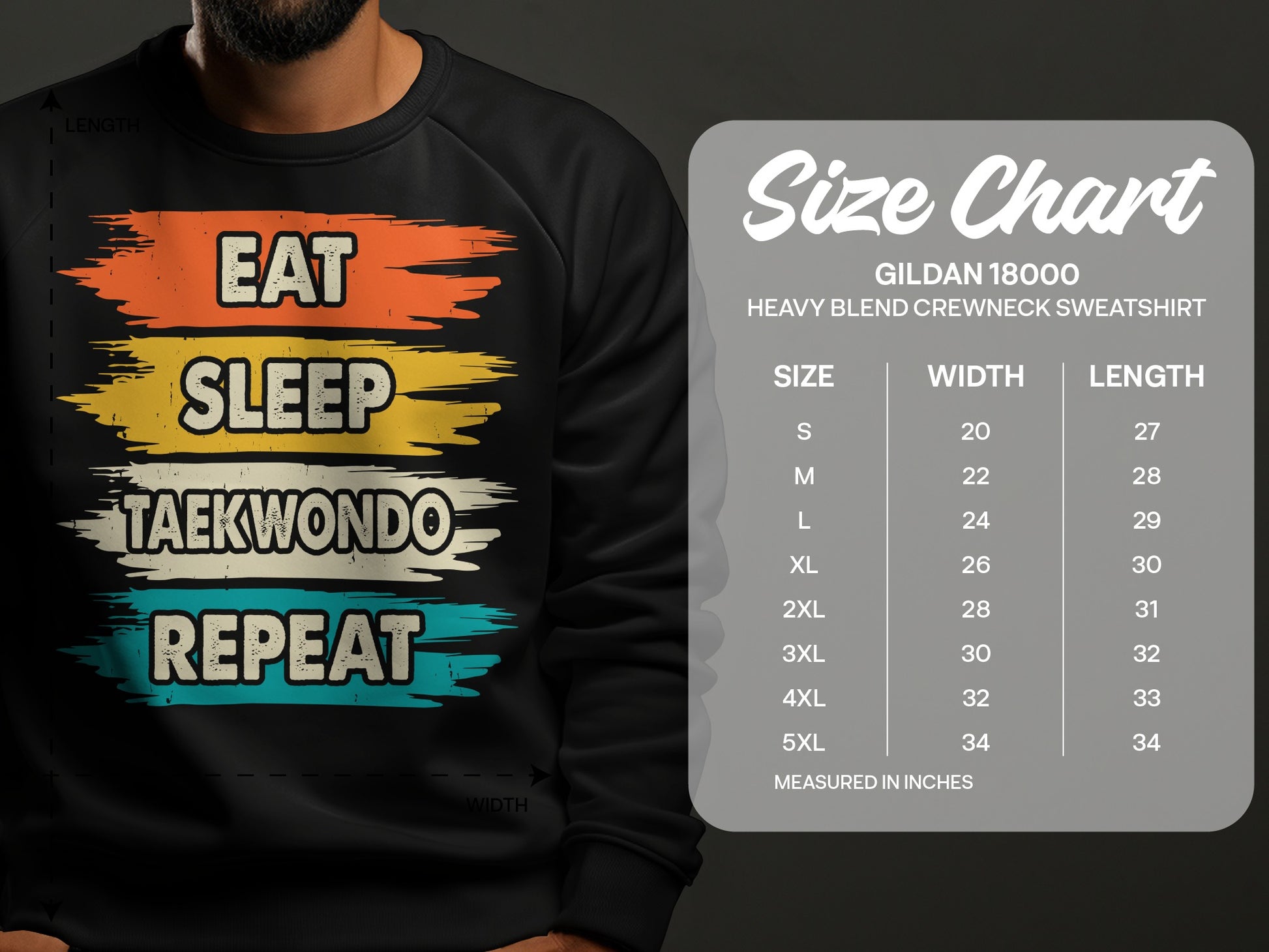 Sweatshirt with "Eat Sleep Taekwondo Repeat" design and Gildan size chart.
