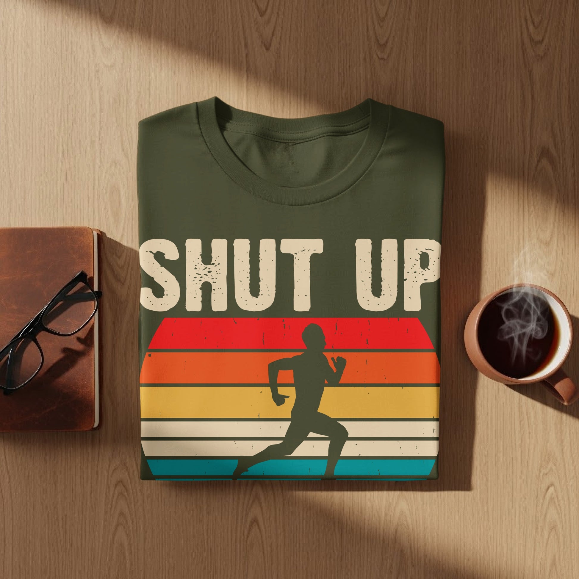 Green t-shirt with "SHUT UP" and a runner on a striped background.