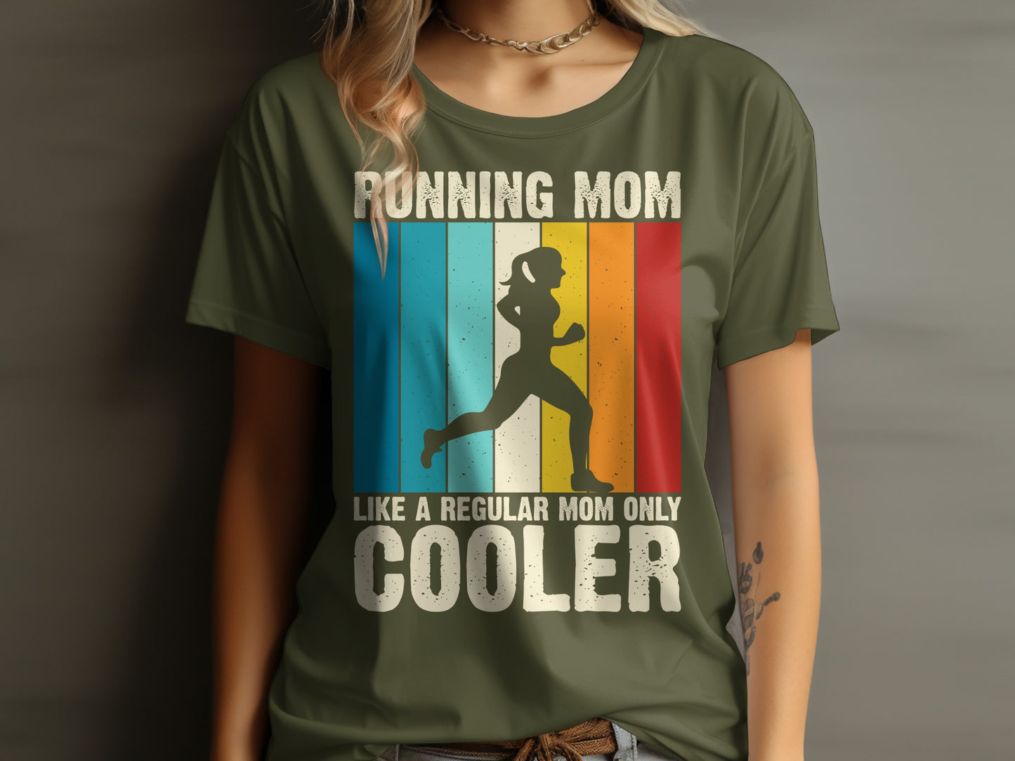 Running Mom Like A Regular Mom Only Cooler graphic on a green t-shirt.