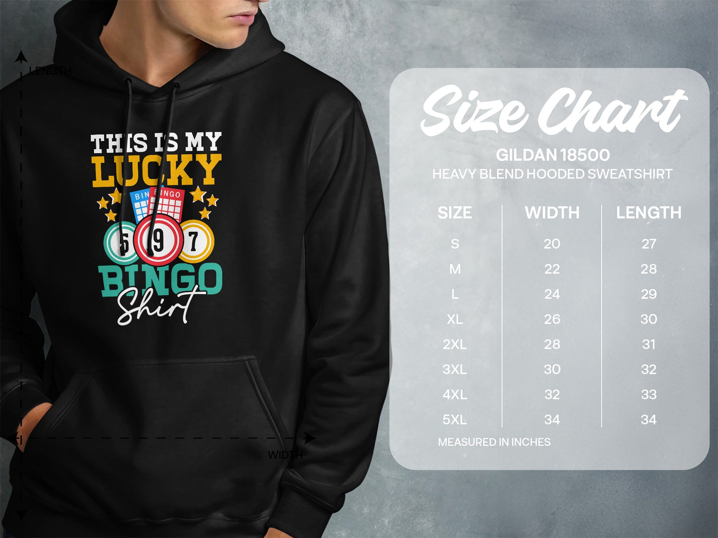 Hoodie size chart with "This is My Lucky Bingo Shirt" graphic.