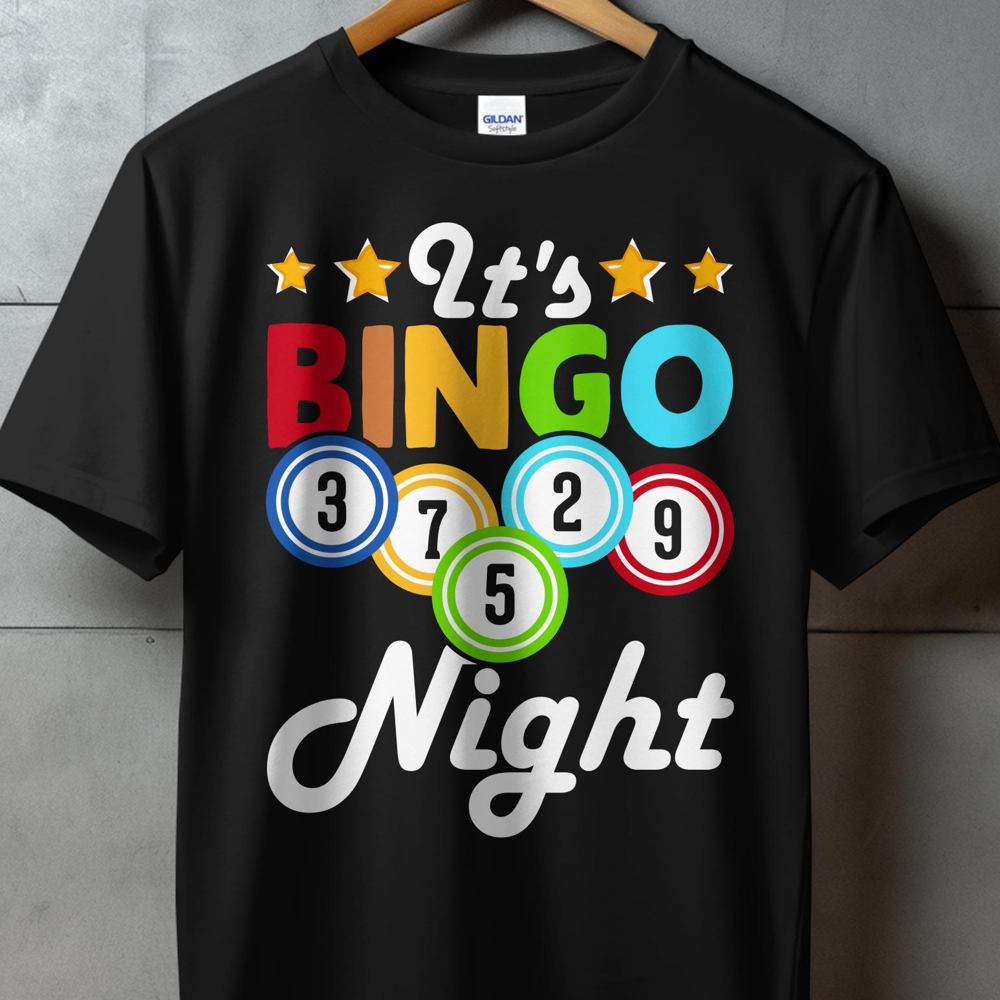 Black t-shirt with "It's Bingo Night" text and colorful bingo balls.