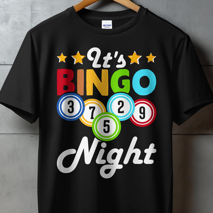 Black t-shirt with "It's Bingo Night" text and colorful bingo balls.
