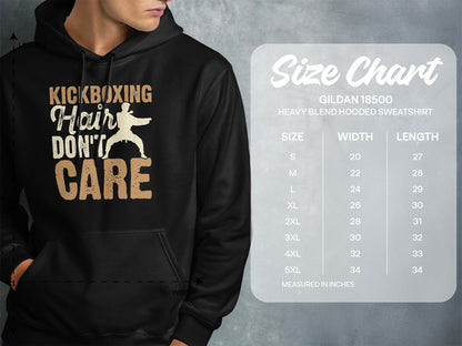 Hoodie with "Kickboxing Hair Don't Care" graphic and size chart.
