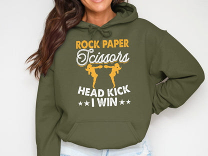 Olive green hoodie with "Rock Paper Scissors" and "Head Kick I Win" text and graphic.