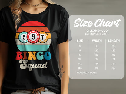 Black t-shirt with "BINGO Squad" graphic and size chart.