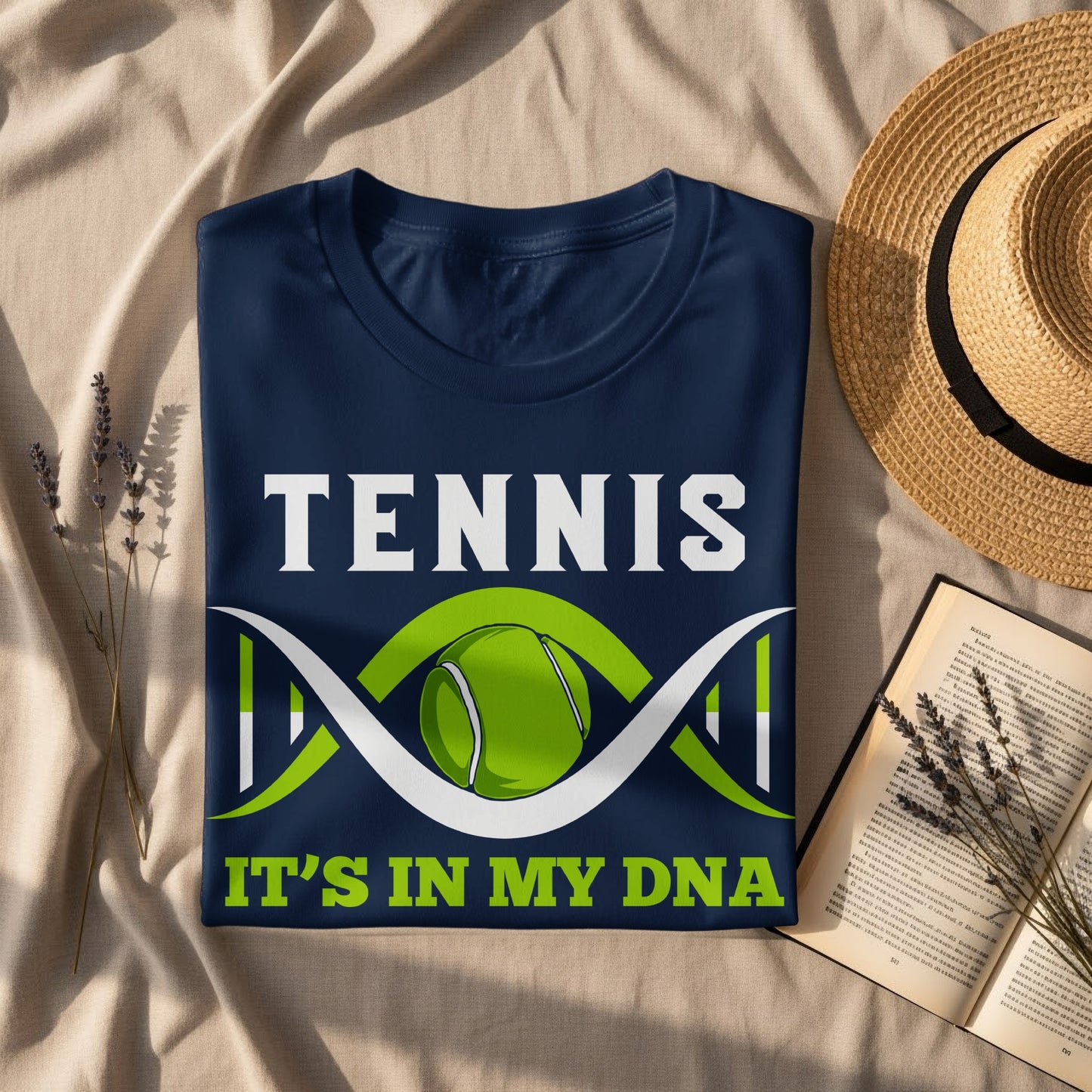 Navy t-shirt with "TENNIS IT'S IN MY DNA" and a tennis ball DNA graphic.