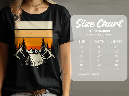 T-shirt size chart with tent and mountain graphic.