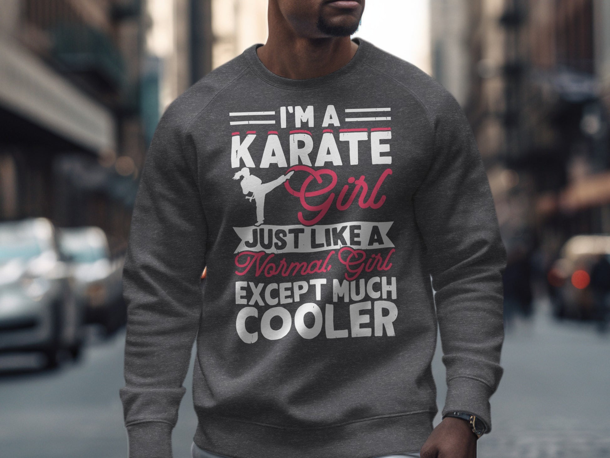 Gray sweatshirt with "I'm a karate girl, just like a normal girl except much cooler" text and silhouette.