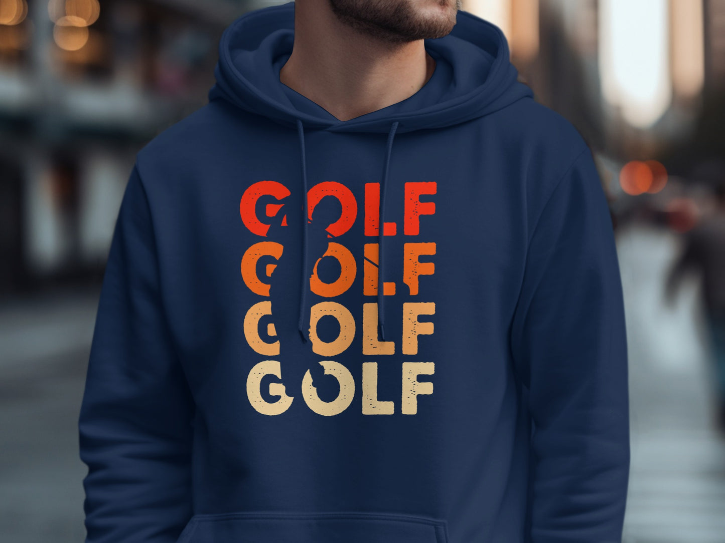 Navy blue hoodie with repeating "GOLF" text in retro colors.