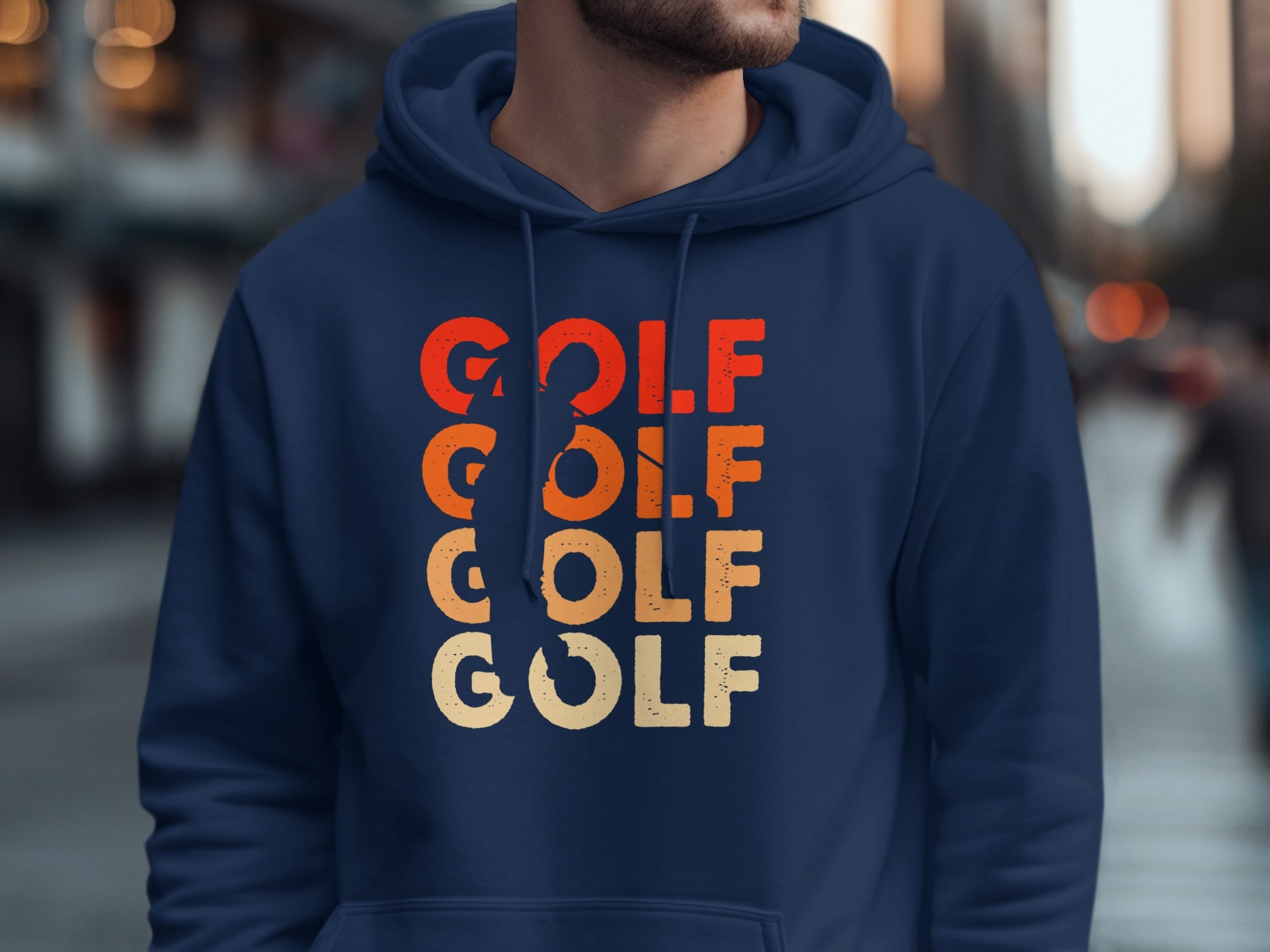 Navy blue hoodie with repeating "GOLF" text in retro colors.