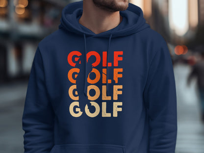 Navy blue hoodie with repeating "GOLF" text in retro colors.