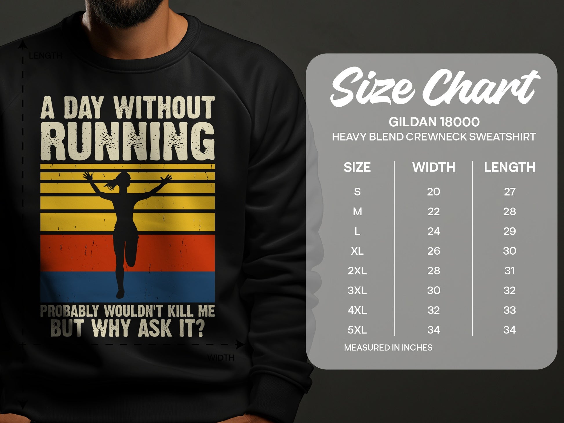 Running graphic sweatshirt with "A Day Without Running" text and size chart.