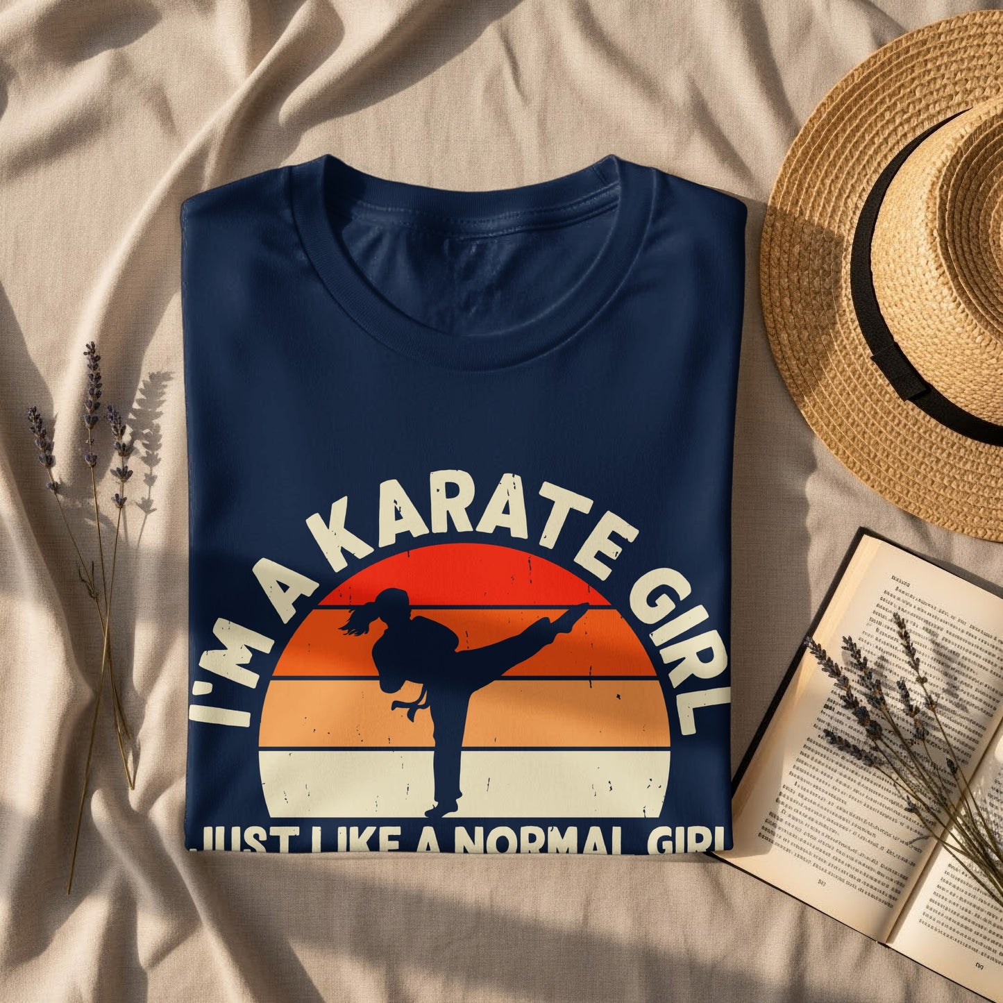 Navy t-shirt with "I'm a Karate Girl" text and sunset graphic.