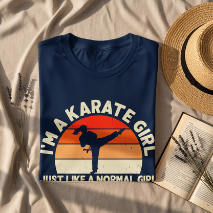 Navy t-shirt with "I'm a Karate Girl" text and sunset graphic.