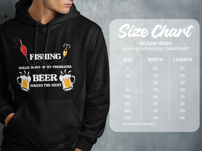 Gildan 18500 hoodie size chart with fishing graphic and text.