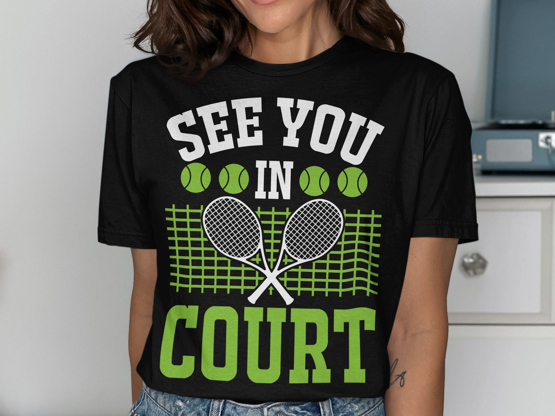 Black t-shirt with "SEE YOU IN COURT" and tennis graphics.