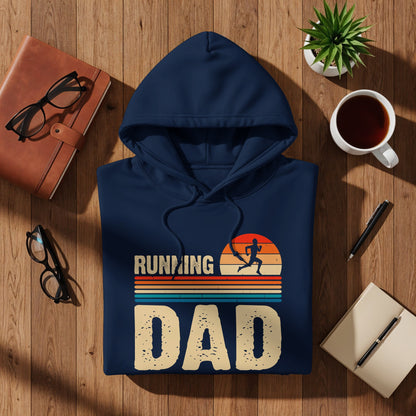 Navy hoodie with "Running Dad" text and sunset graphic.