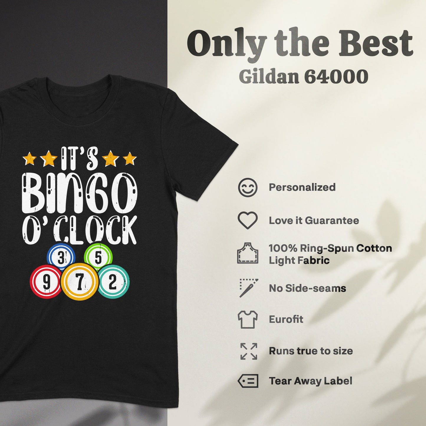 Black t-shirt with "It's Bingo O'Clock" text and bingo balls.