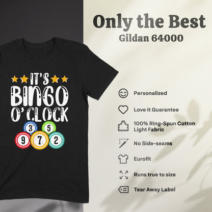 Black t-shirt with "It's Bingo O'Clock" text and bingo balls.