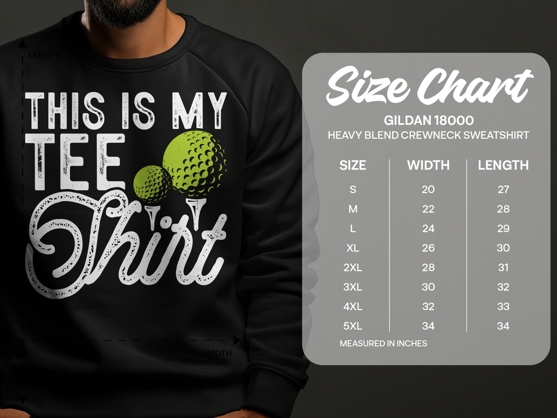 Gildan 18000 sweatshirt size chart with measurements for crewneck sweatshirts.