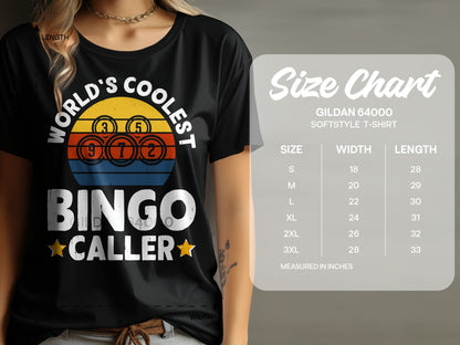 "World's Coolest Bingo Caller" graphic on a black t-shirt with a size chart.