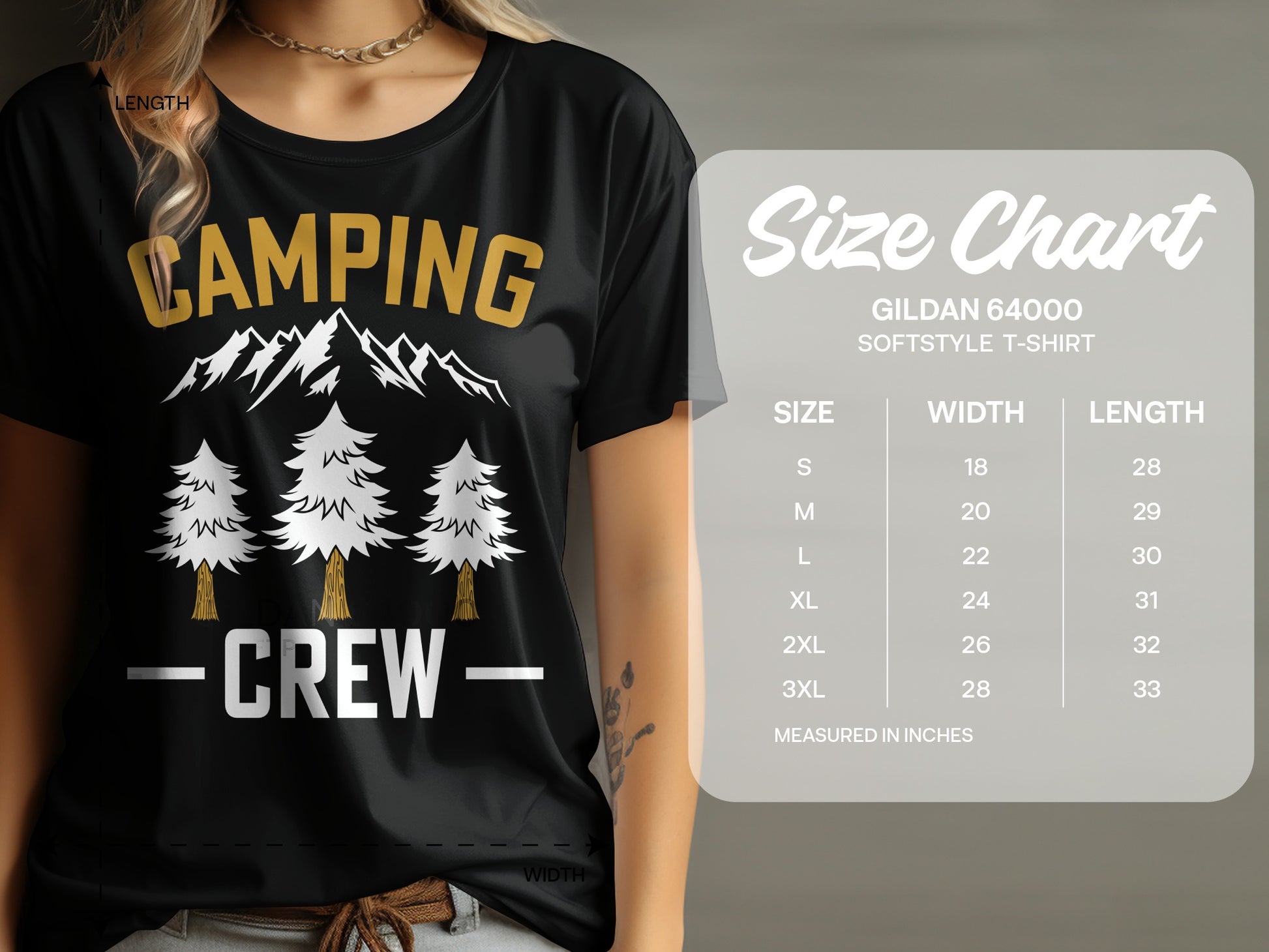 Black t-shirt with "CAMPING CREW" text and mountain graphic, includes size chart.