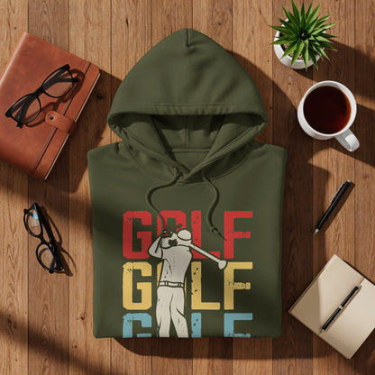 Olive green hoodie with "GOLF" text and golfer graphic.