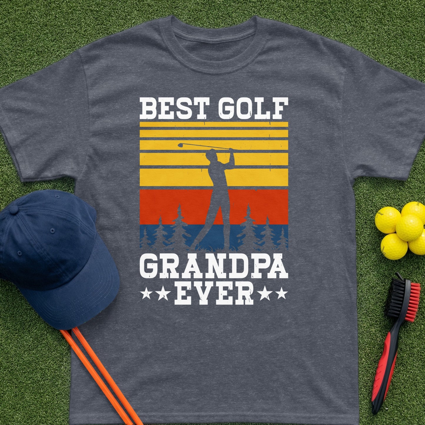 Dark t-shirt with "Best Golf Grandpa Ever" text and golfer silhouette.