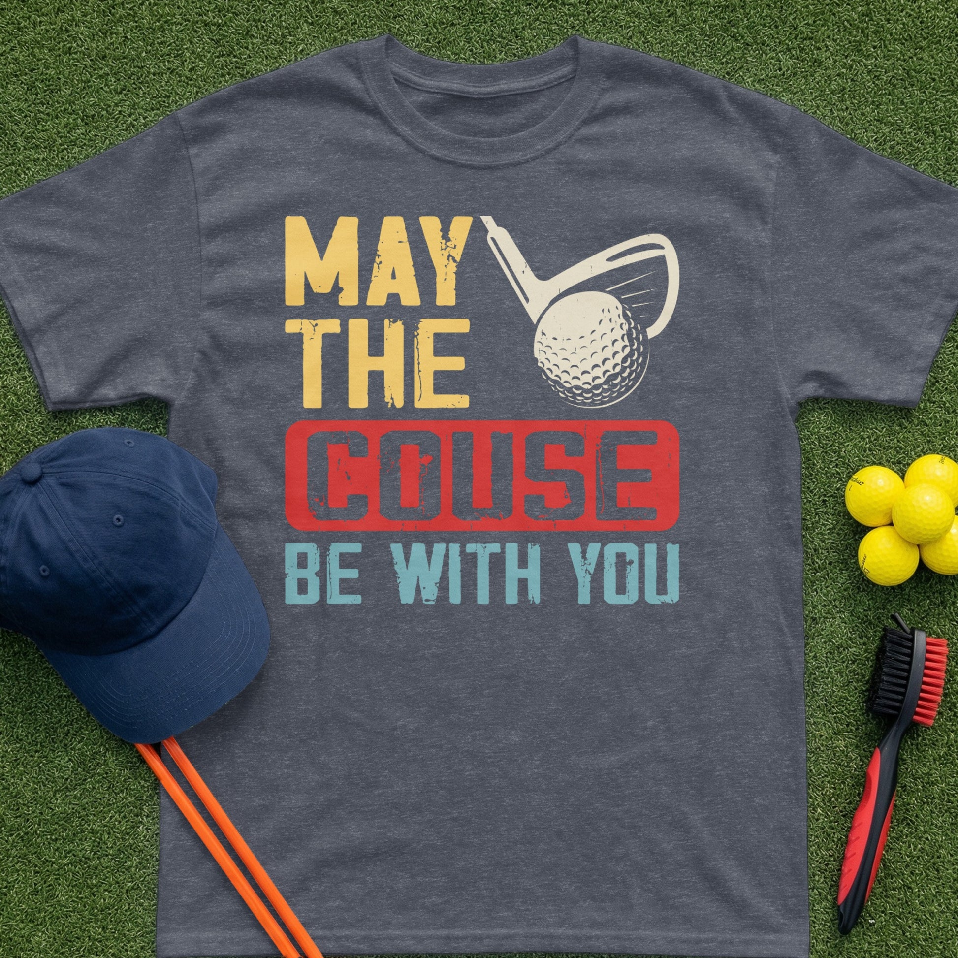 Dark t-shirt with "May the COURSE be with you" golf pun text.