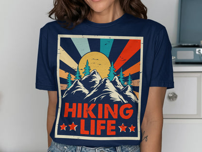T-shirt with retro mountain landscape design and "Hiking Life" text.