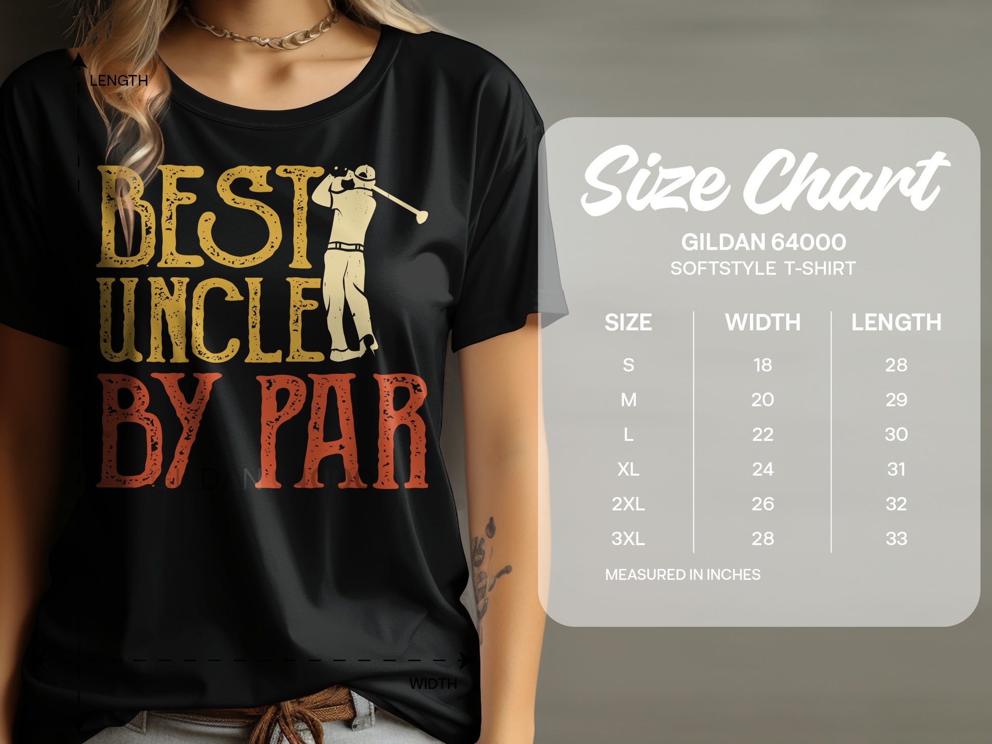 Black t-shirt with "BEST UNCLE BY PAR" graphic and size chart.