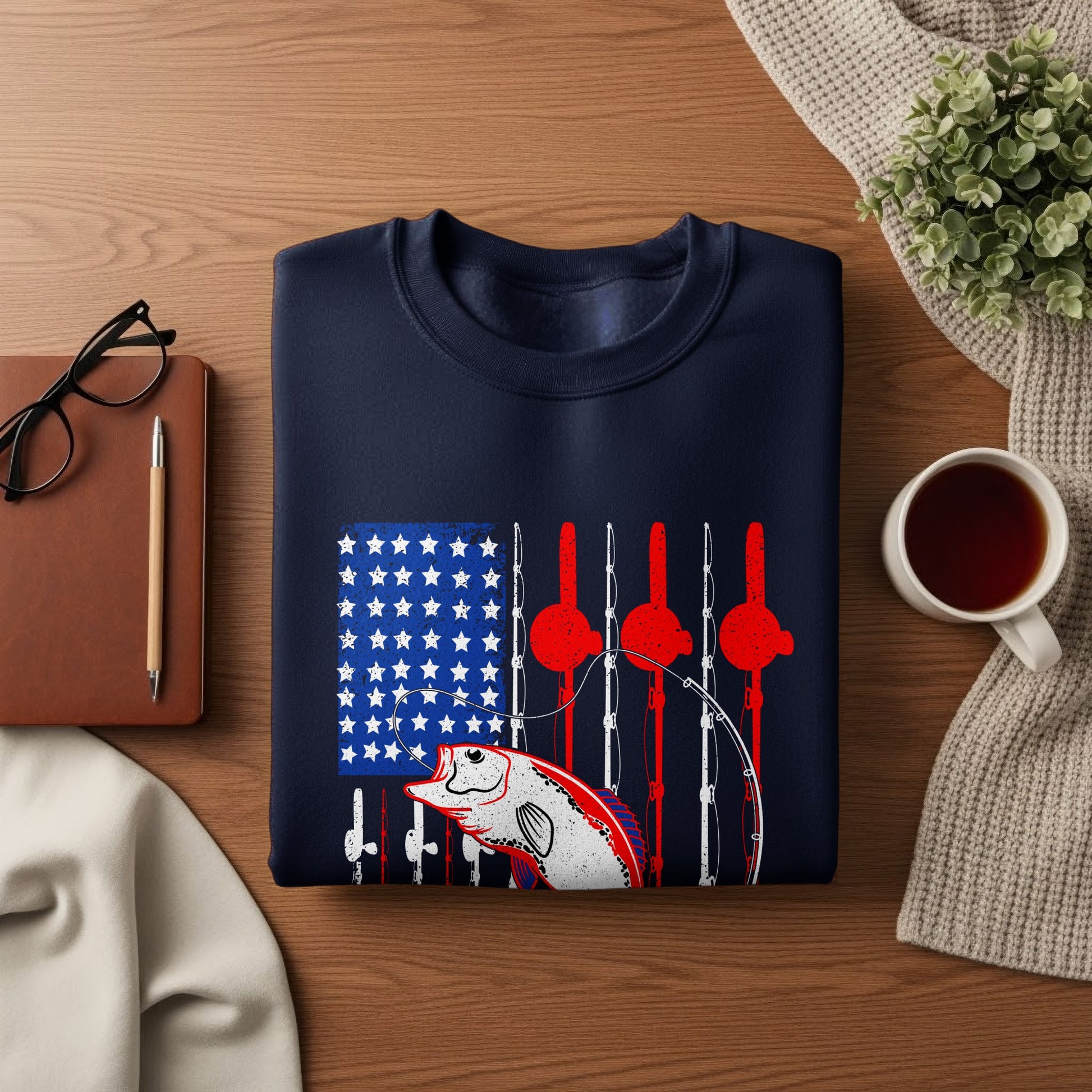 Dark blue sweatshirt with American flag, fishing rod, and bass graphic.