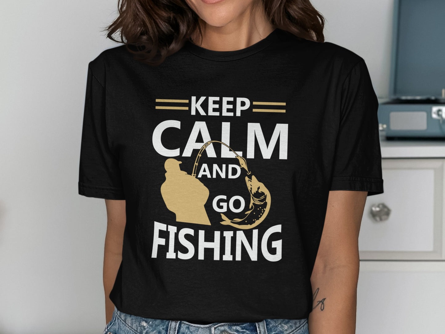 Black t-shirt with "Keep Calm and Go Fishing" text and fishing graphic.