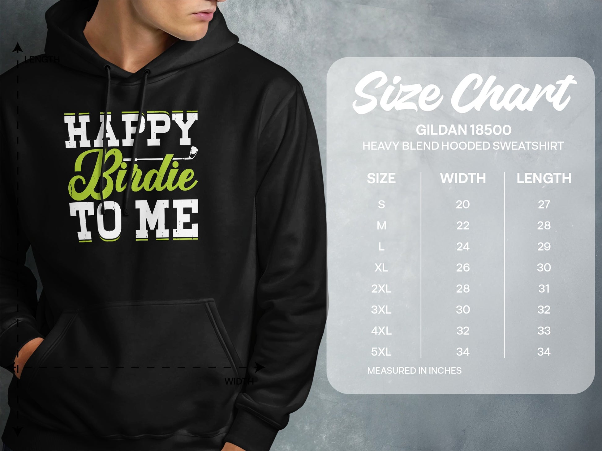 Hoodie with "Happy Birdie to Me" graphic and size chart.