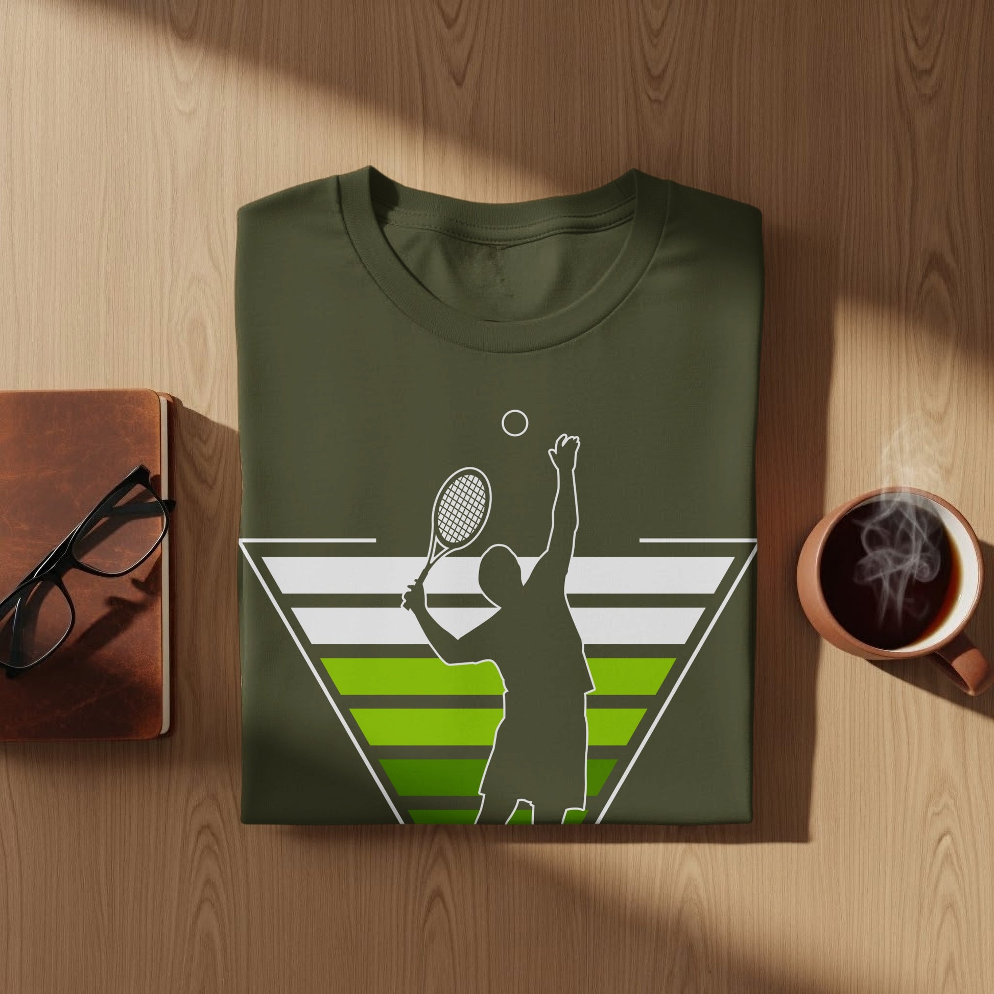 Green t-shirt with a tennis player silhouette and abstract green geometric design.