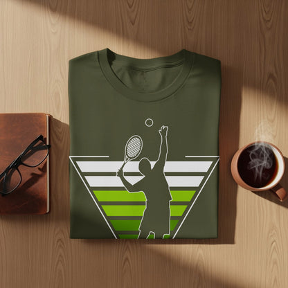 Green t-shirt with a tennis player silhouette and abstract green geometric design.