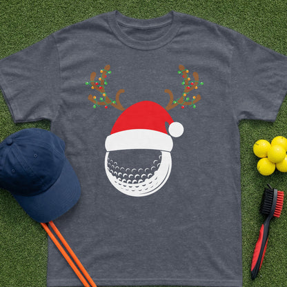 Golf ball with Santa hat and reindeer antlers, adorned with Christmas lights.