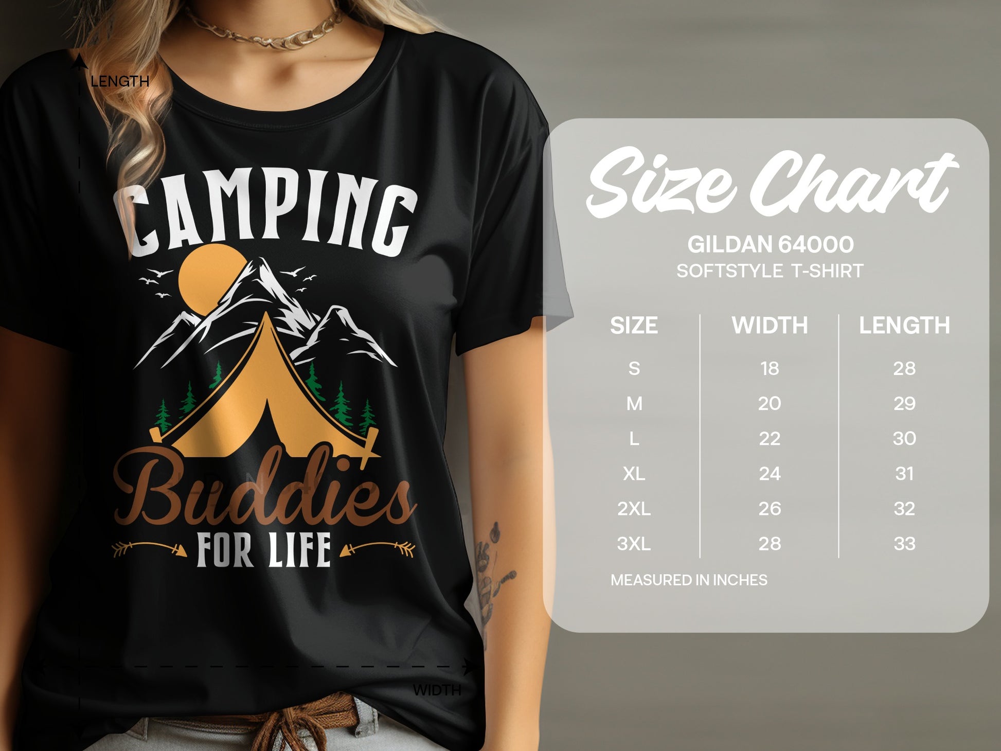 Black t-shirt with "Camping Buddies For Life" graphic and size chart.
