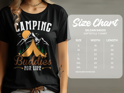 Black t-shirt with "Camping Buddies For Life" graphic and size chart.